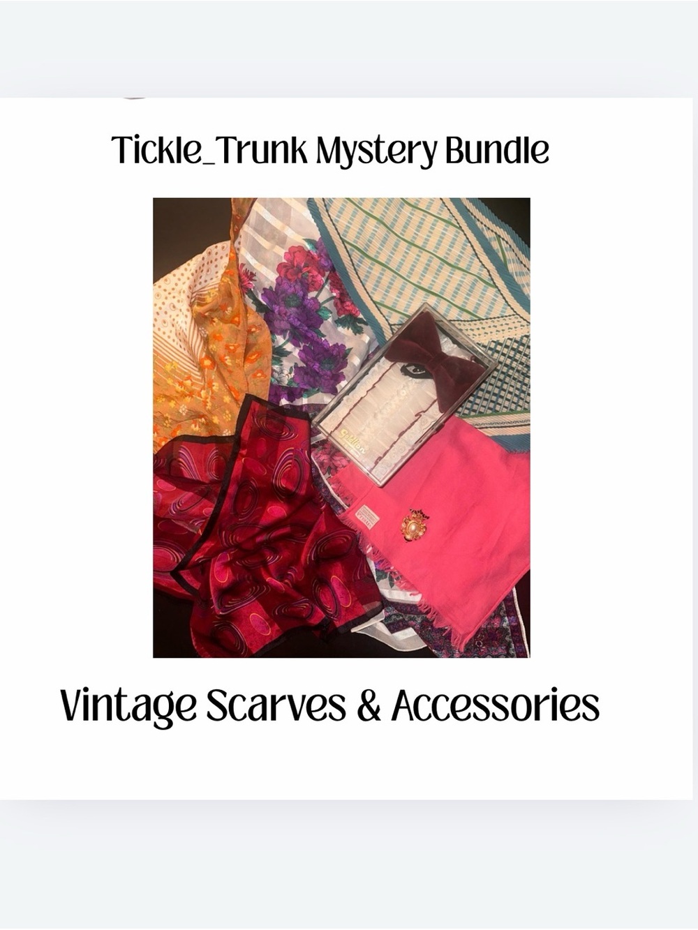 Vintage Mystery Bundle 5 scarves, Brooch, Velvet Bow tie and Shirt Ruffle